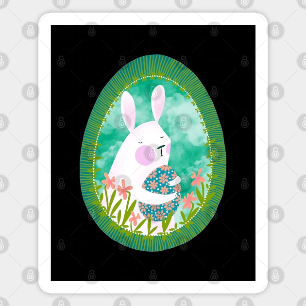 Cute white bunny with floral easter egg decoration on blue sky, version 4 Magnet by iulistration